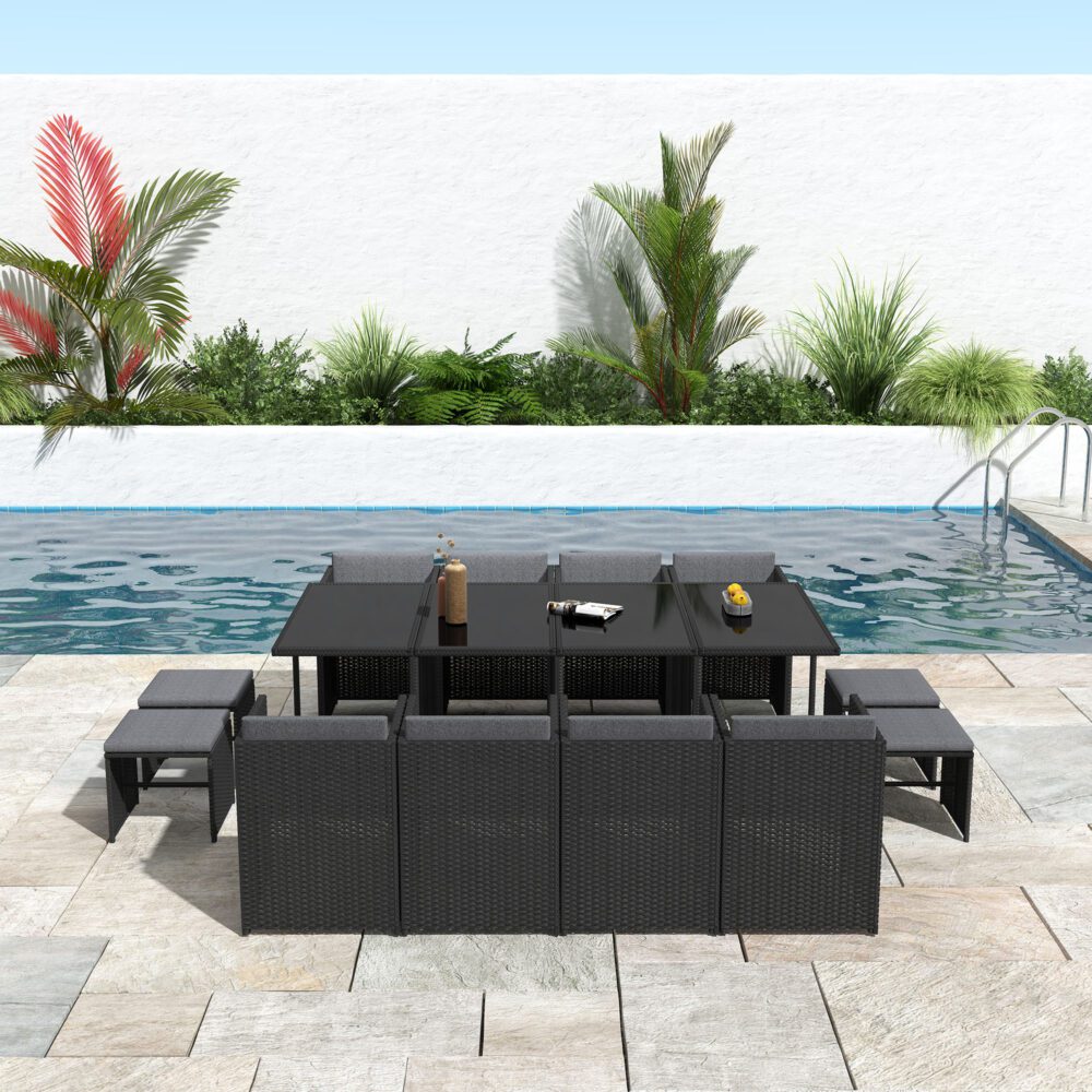 13 Piece Outdoor Dining Set, Wicker Black, view 4