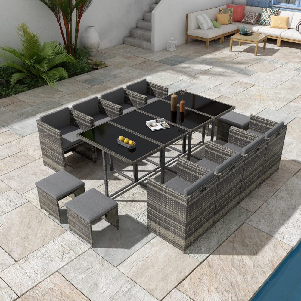 13 Piece Outdoor Dining Set, Wicker Grey, view 2
