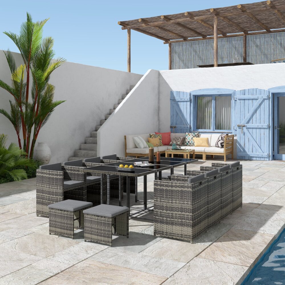 13 Piece Outdoor Dining Set, Wicker Grey, view 3
