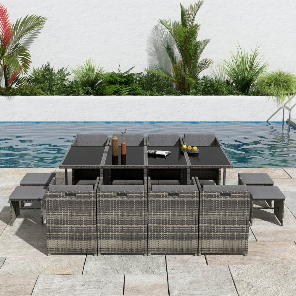 13 Piece Outdoor Dining Set, Wicker Grey, view 4