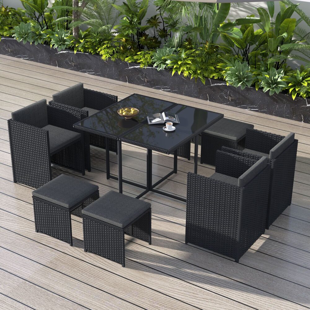 9 Piece Outdoor Dining Set, Wicker Black