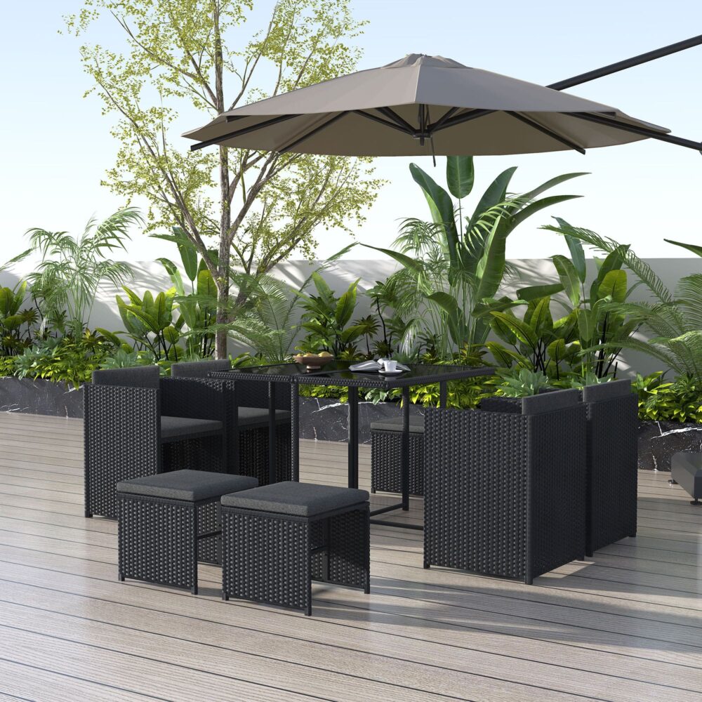 9 Piece Outdoor Dining Set, Wicker Black, view 2