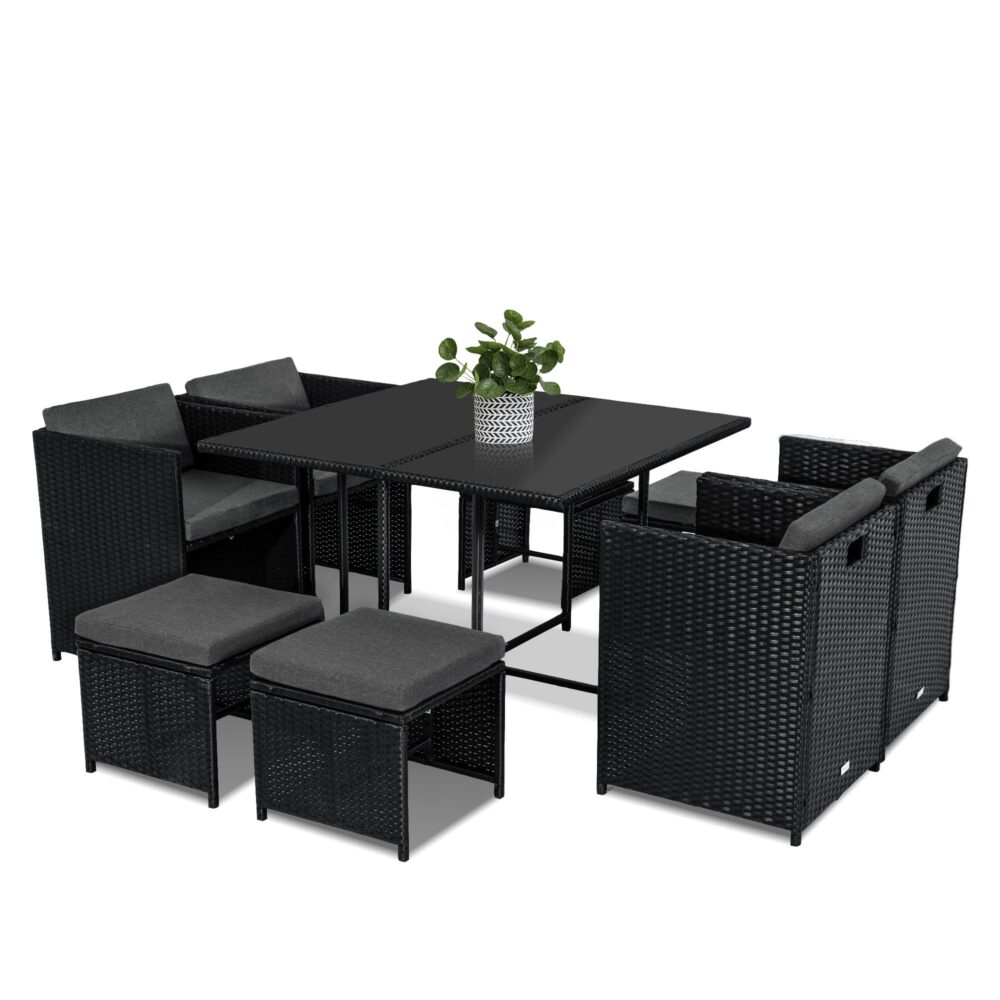 9 Piece Outdoor Dining Set, Wicker Black, view 10