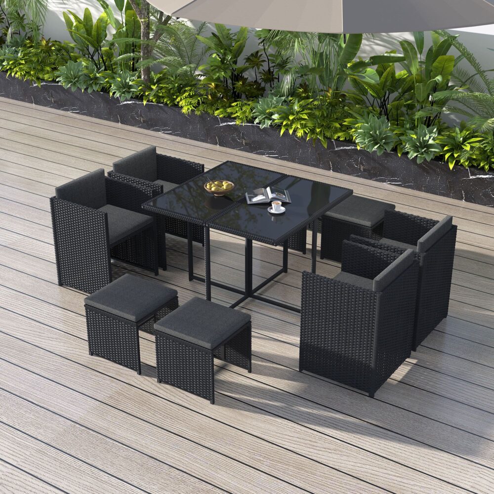 9 Piece Outdoor Dining Set, Wicker Black, view 3