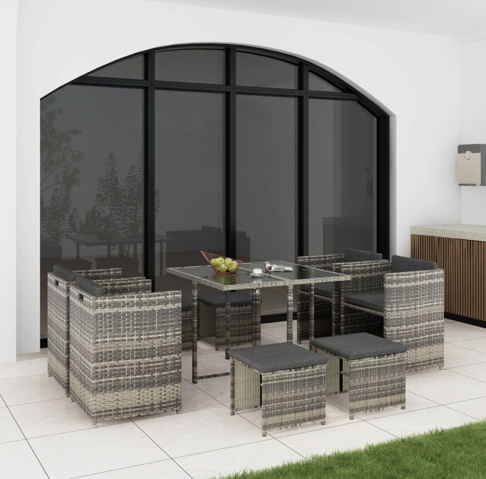 9 Piece Outdoor Dining Set, Wicker Grey, view 4