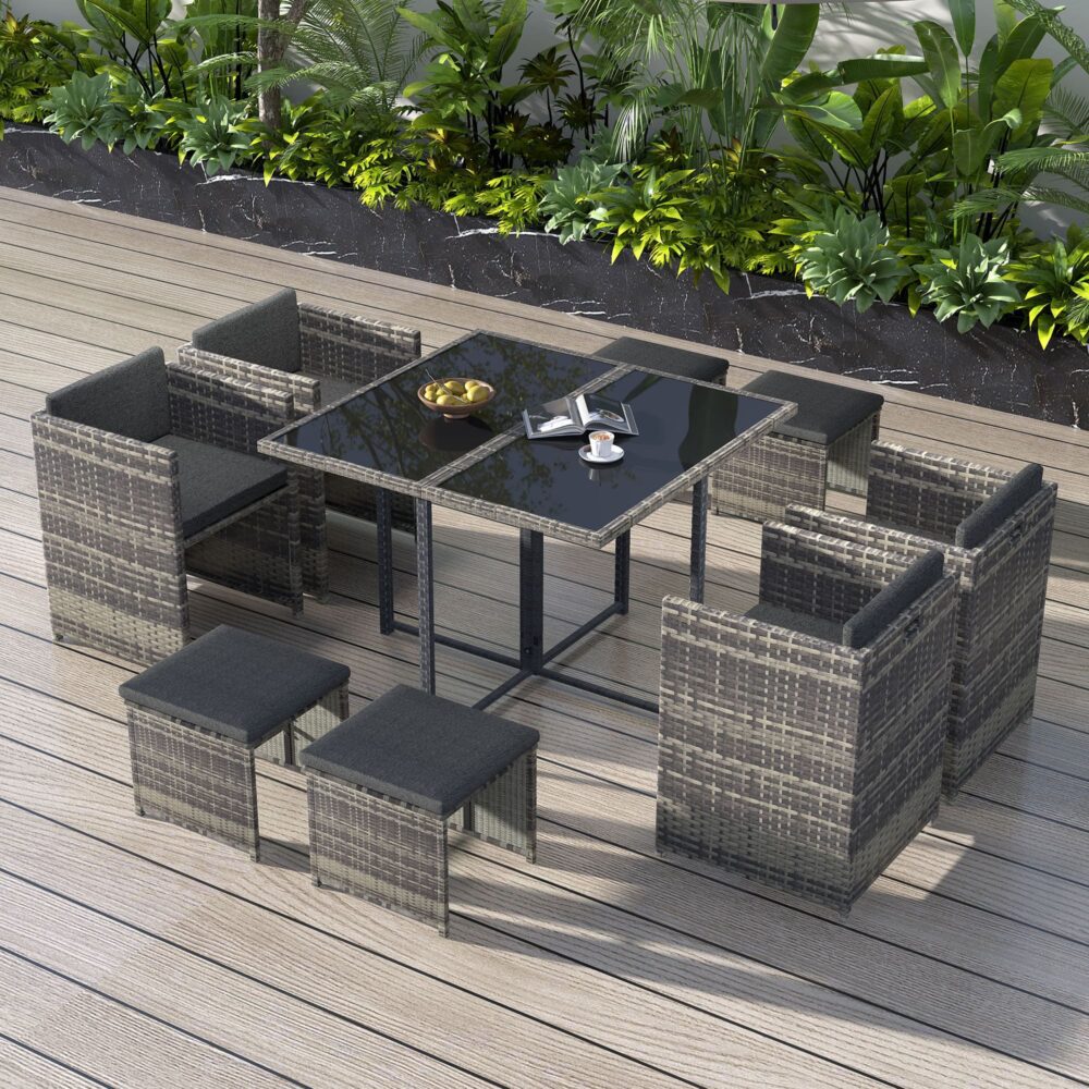 9 Piece Outdoor Dining Set, Wicker Grey