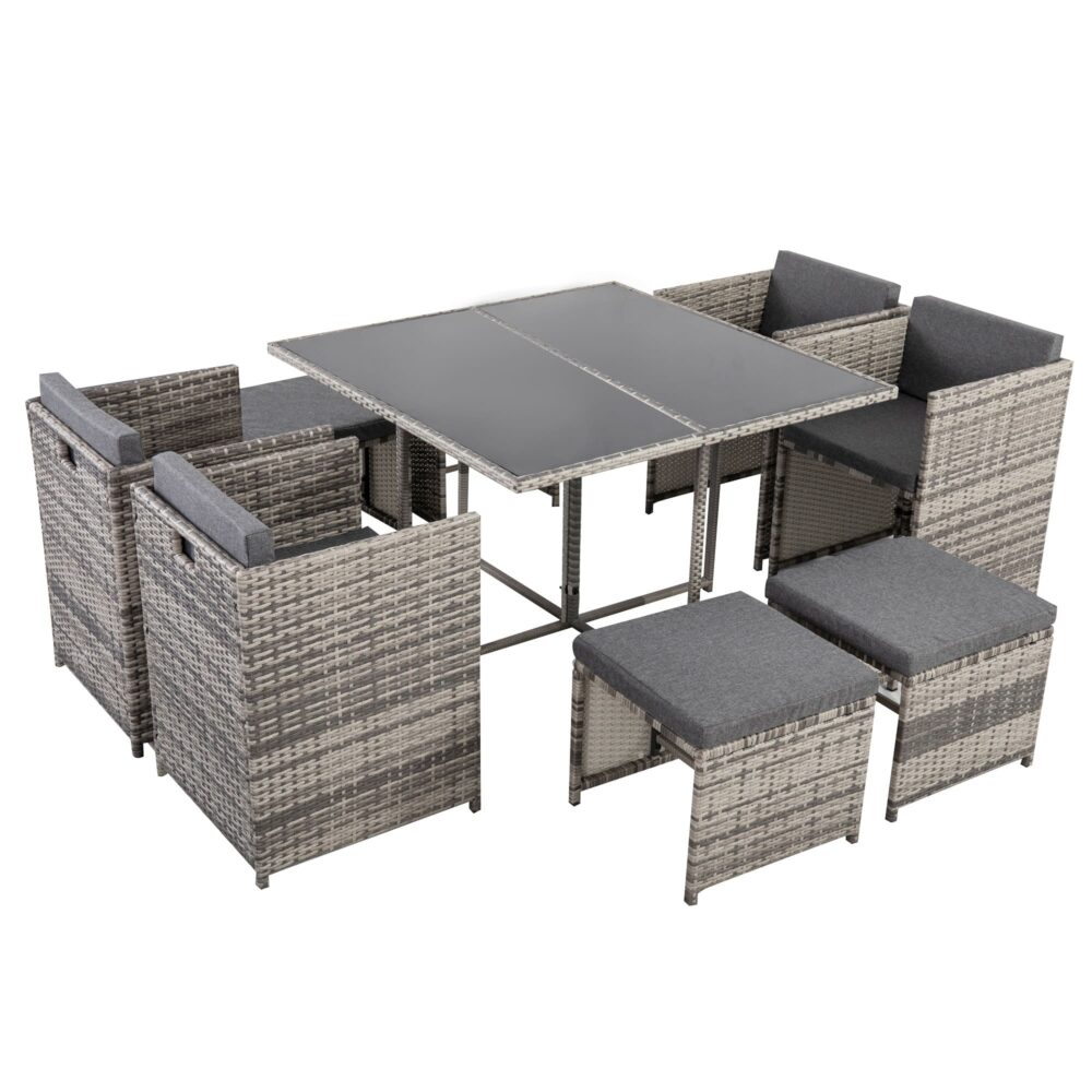9 Piece Outdoor Dining Set, Wicker Grey, view 5