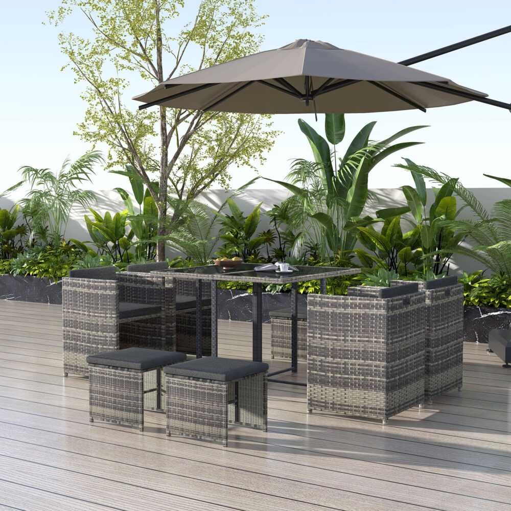 9 Piece Outdoor Dining Set, Wicker Grey, view 2