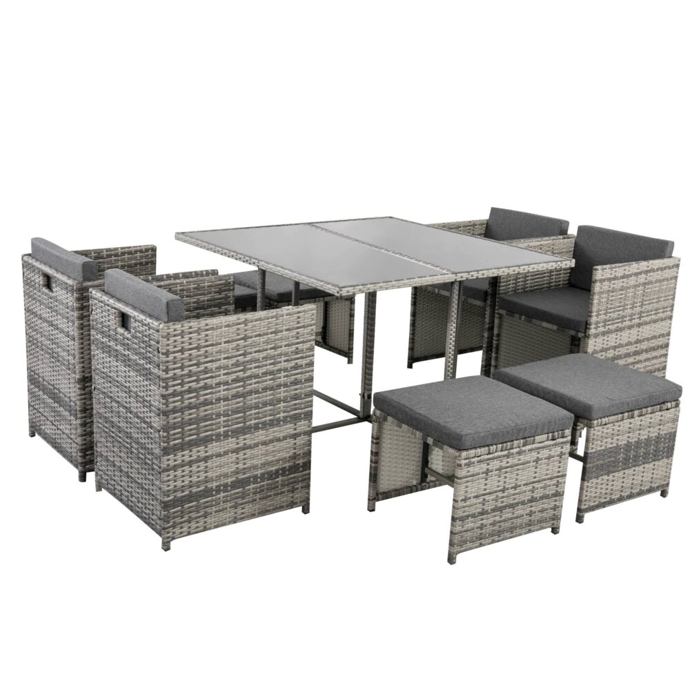 9 Piece Outdoor Dining Set, Wicker Grey, view 6