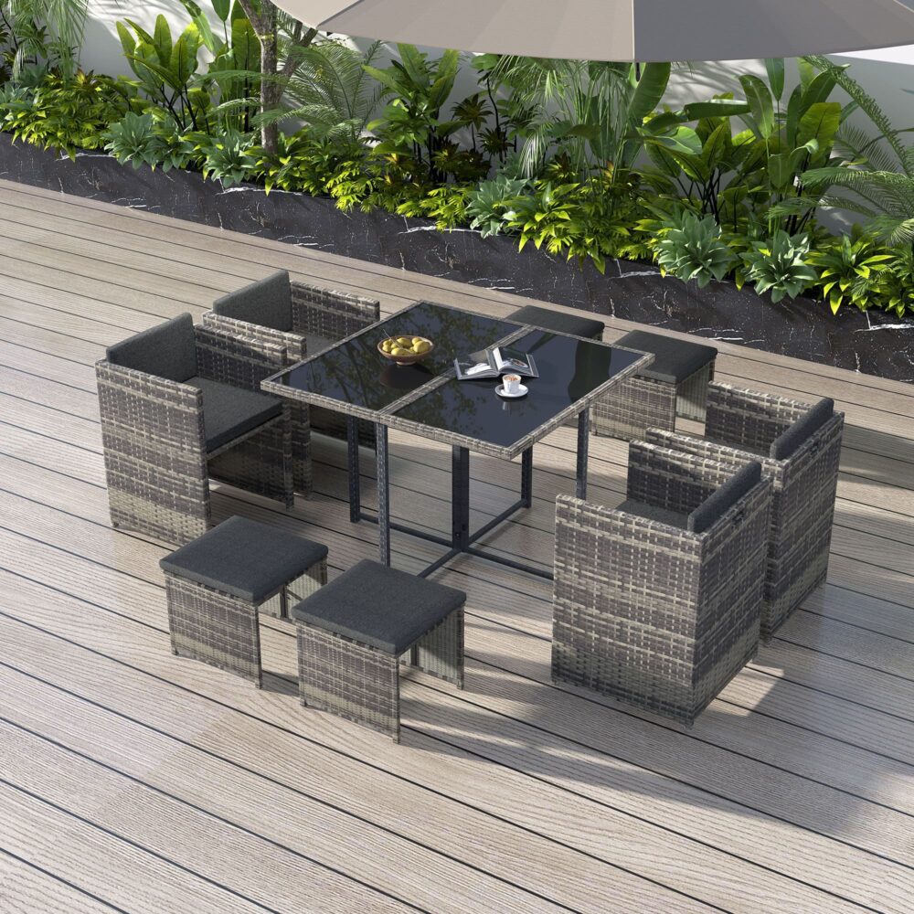 9 Piece Outdoor Dining Set, Wicker Grey, view 3