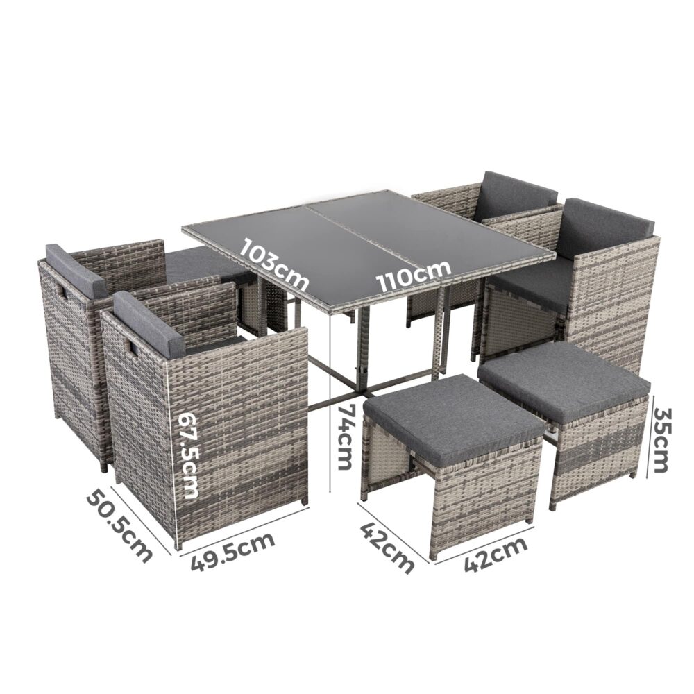 9 Piece Outdoor Dining Set, Wicker Grey, view 11