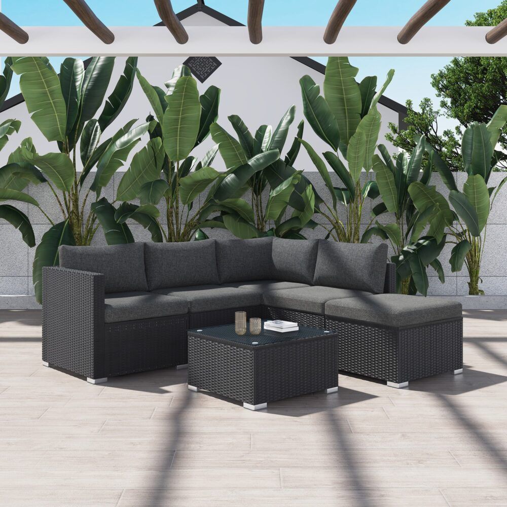 Caloundra 6 Piece Outdoor Modular Lounge, Black Wicker