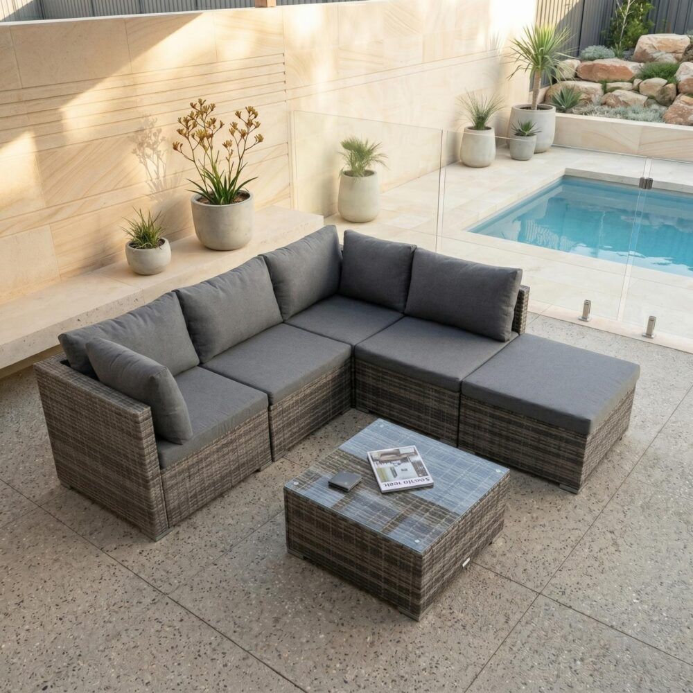 Caloundra grey wicker outdoor lounge set on a sunny patio