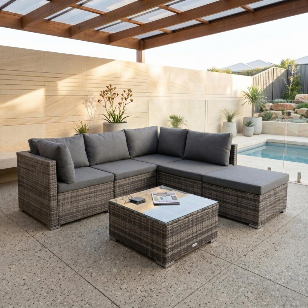 Caloundra 6 Piece Outdoor Modular Lounge, Grey Wicker
