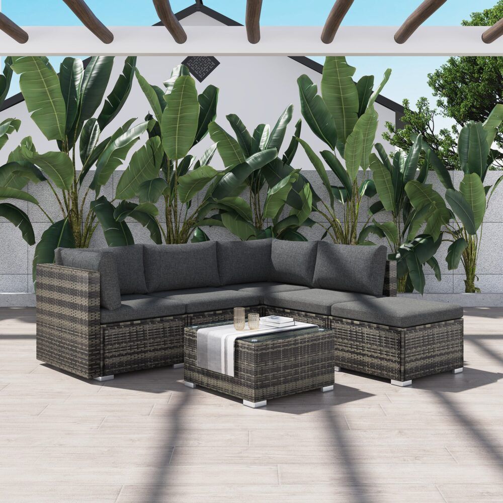 Caloundra 6 Piece Outdoor Modular Lounge, Grey Wicker