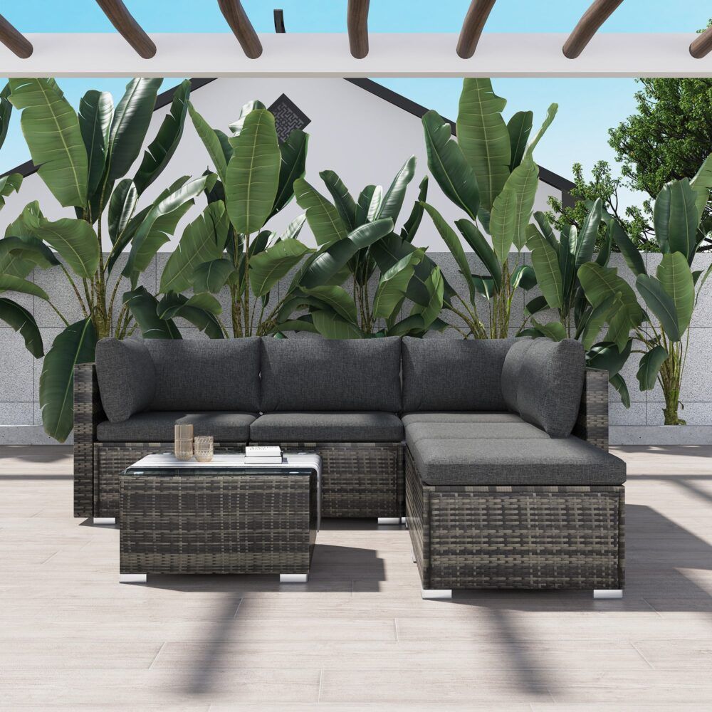 Caloundra 6 Piece Outdoor Modular Lounge, Grey Wicker