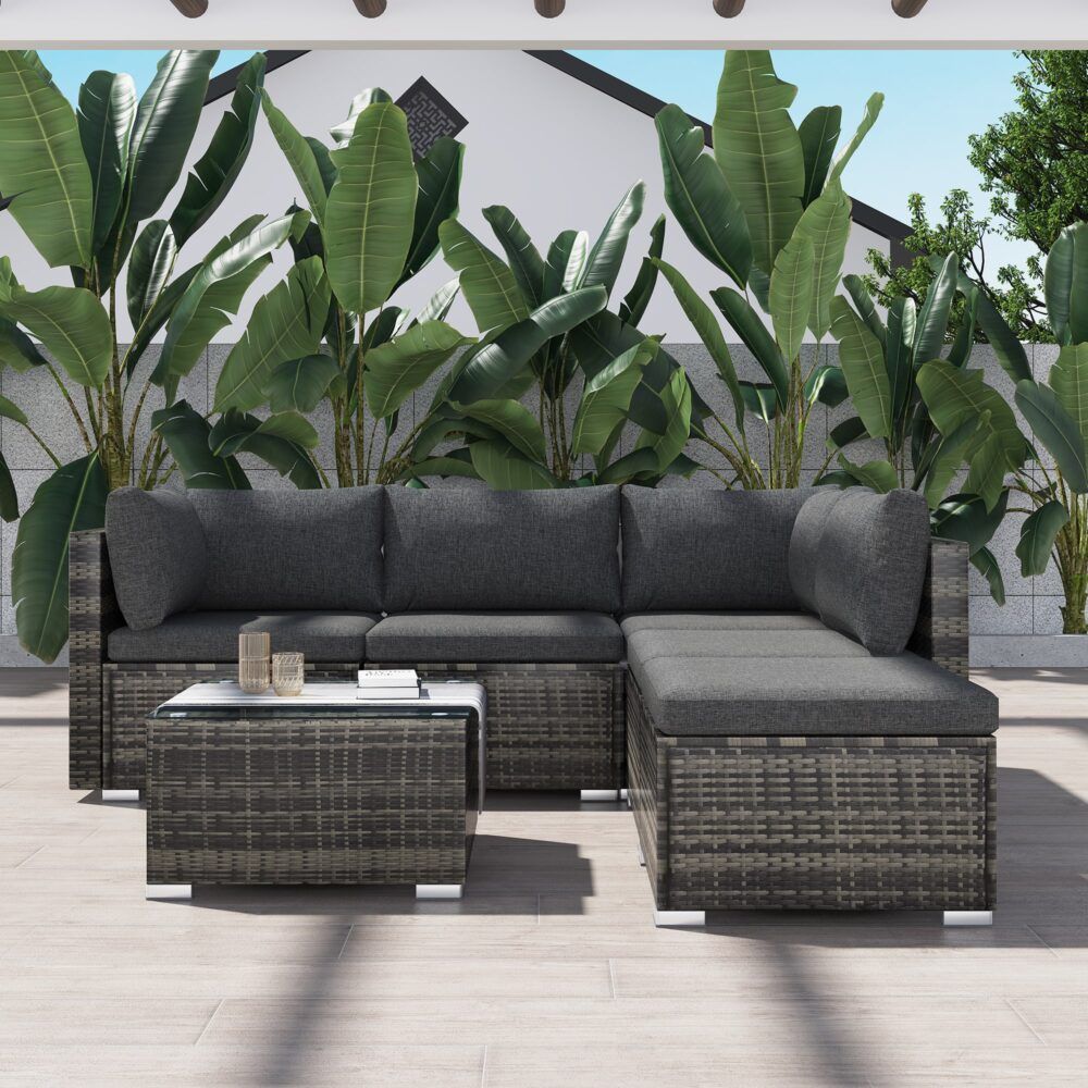 Caloundra 6 Piece Outdoor Modular Lounge, Grey Wicker