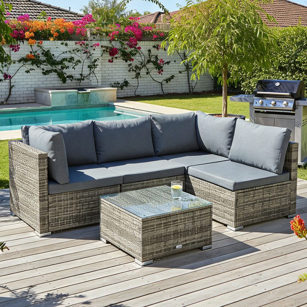 Caloundra grey wicker outdoor lounge set on a sunny patio