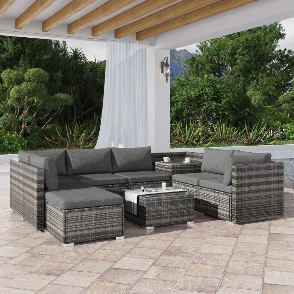 Marcoola grey wicker outdoor lounge set on a sunny patio