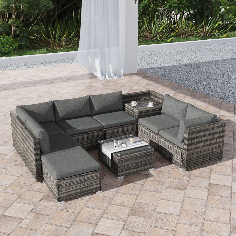 Marcoola 9 Piece Outdoor Modular Lounge, Grey Wicker