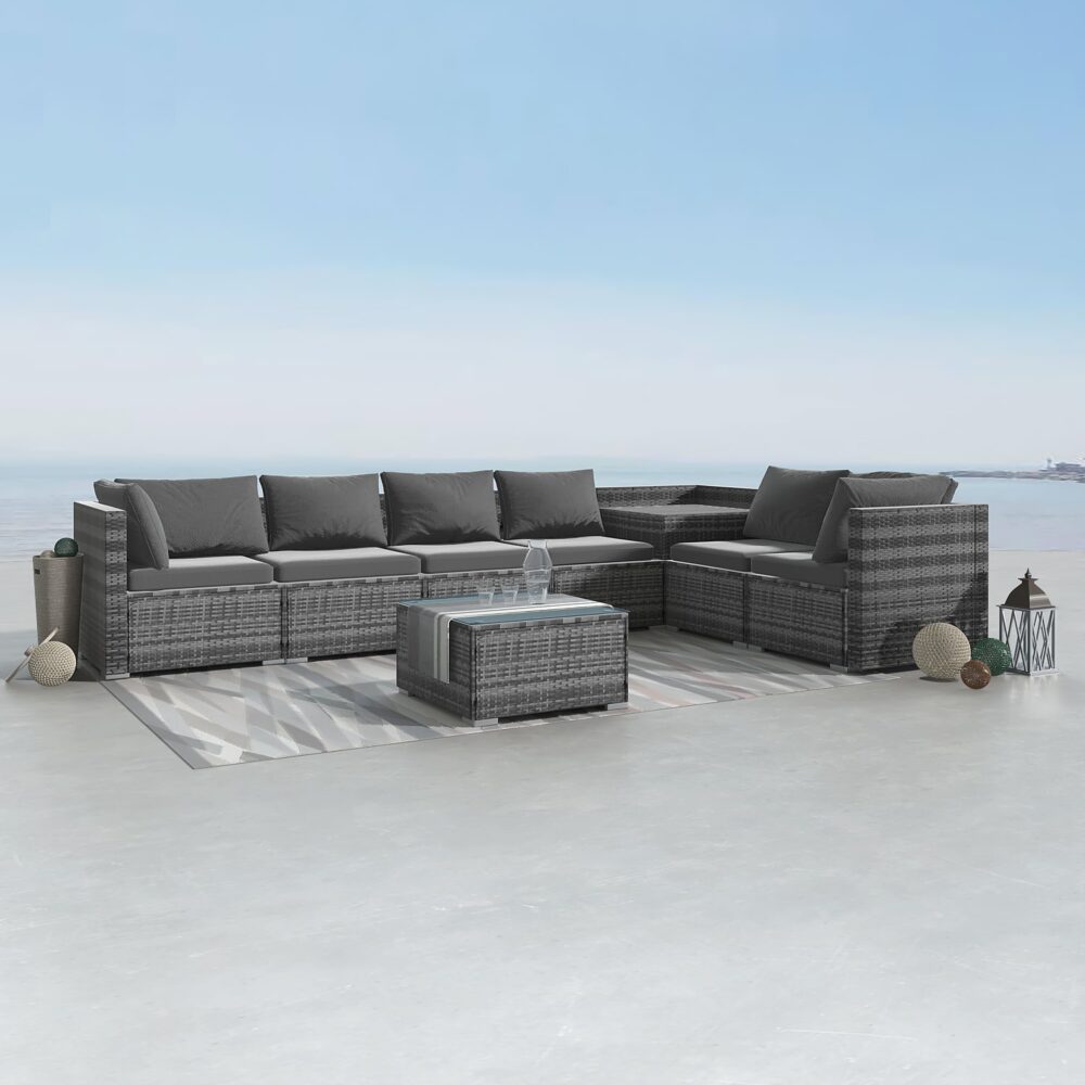 Marcoola grey wicker outdoor lounge set on a sunny patio