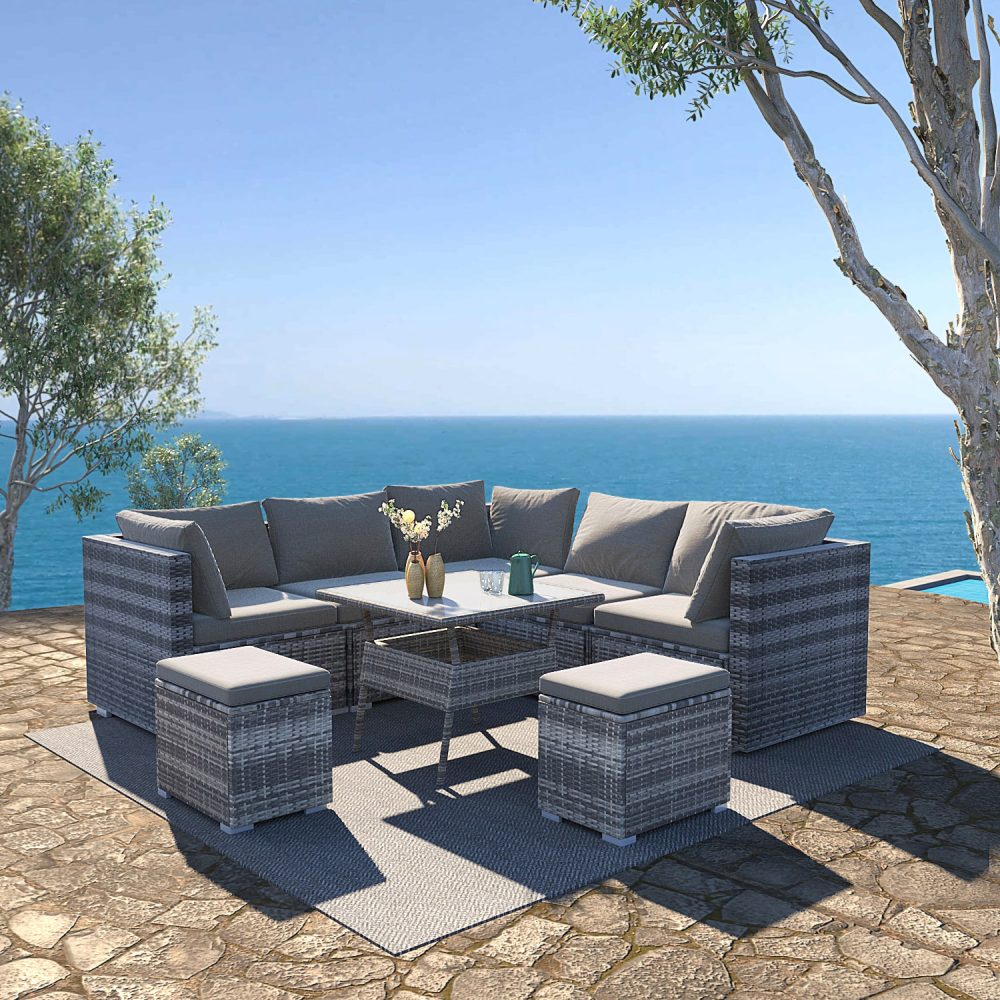 8 Piece Outdoor Dining Set, Wicker Grey