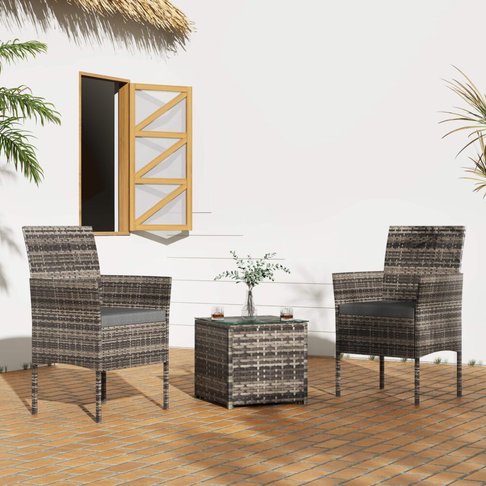 Alexandra grey wicker outdoor lounge set on a sunny patio