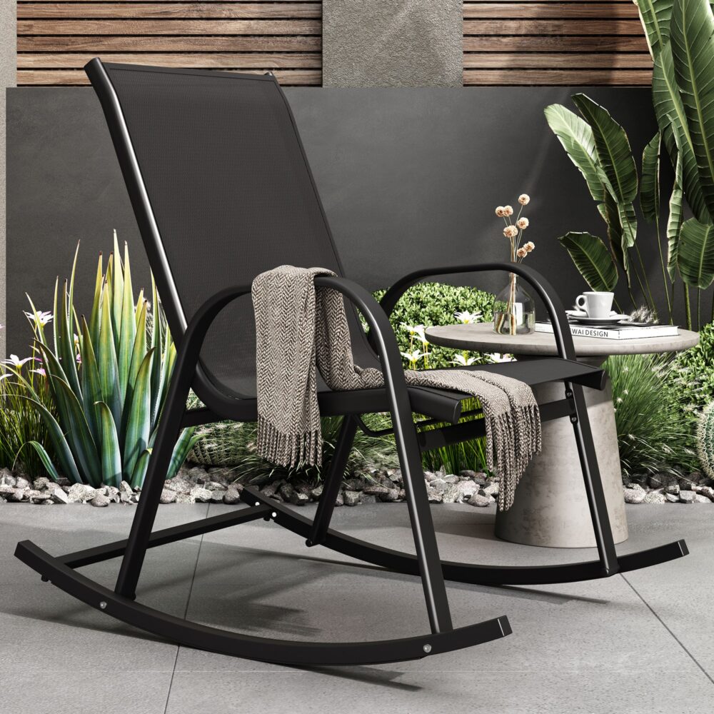 St Georges Basin black textilene mesh outdoor rocking chair on a patio