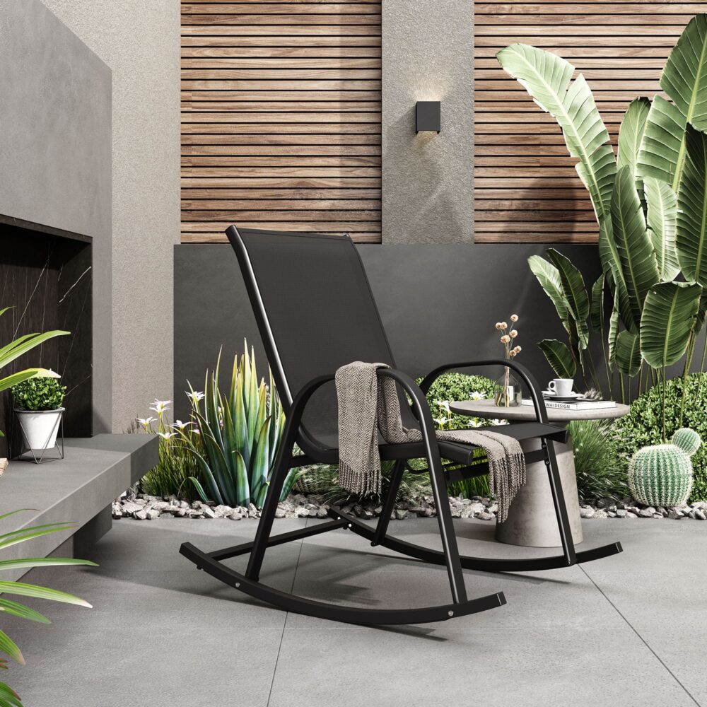 St Georges Basin black textilene mesh outdoor rocking chair on a patio