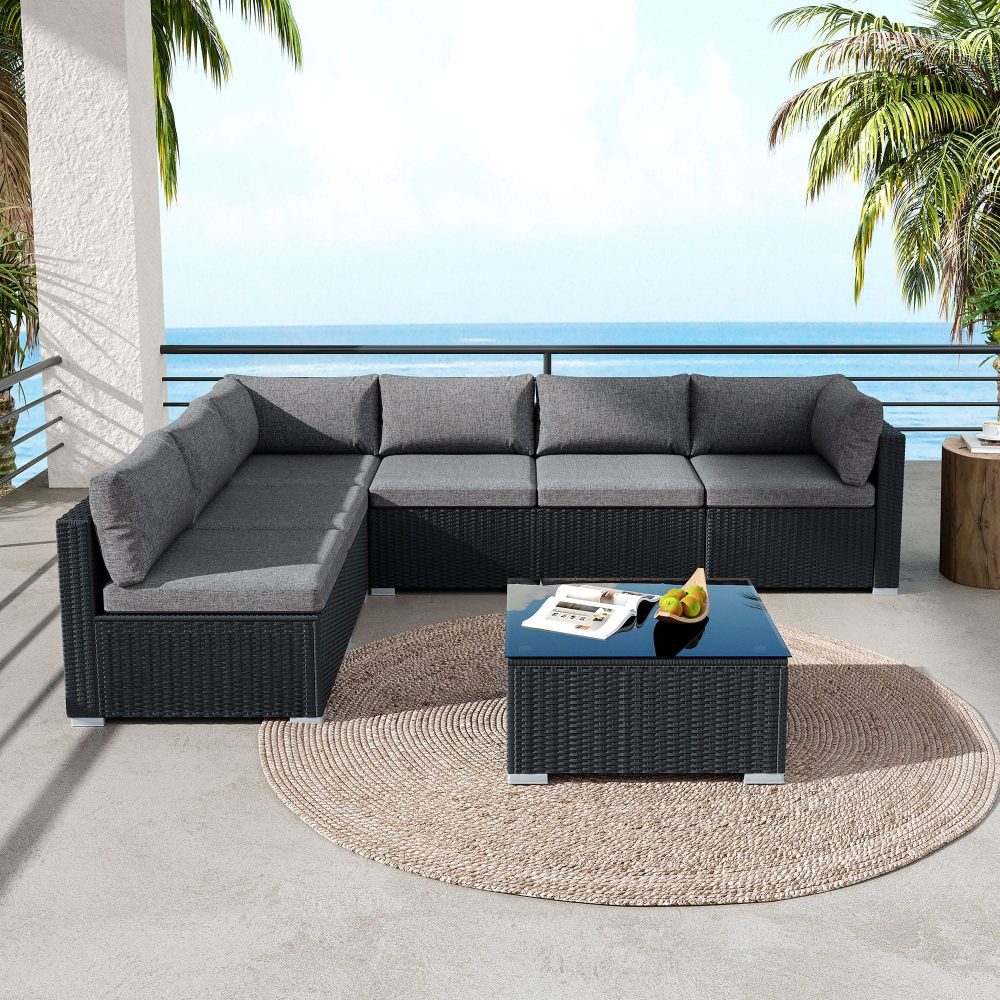 Mooloolaba 7 Piece Outdoor Lounge Set, Black Wicker