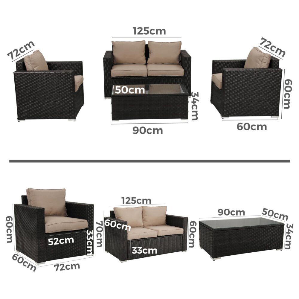 Dicky Beach 4 Piece Outdoor Lounge Set, Brown Wicker