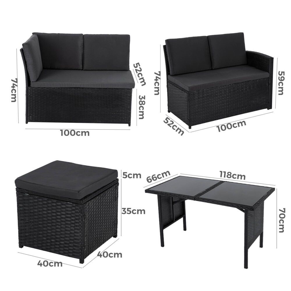 6 Piece Modular Outdoor Dining Lounge Set, Wicker Black, view 12