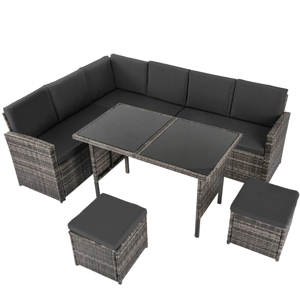6 Piece Modular Outdoor Dining Lounge Set, Wicker Dark Grey, view 2