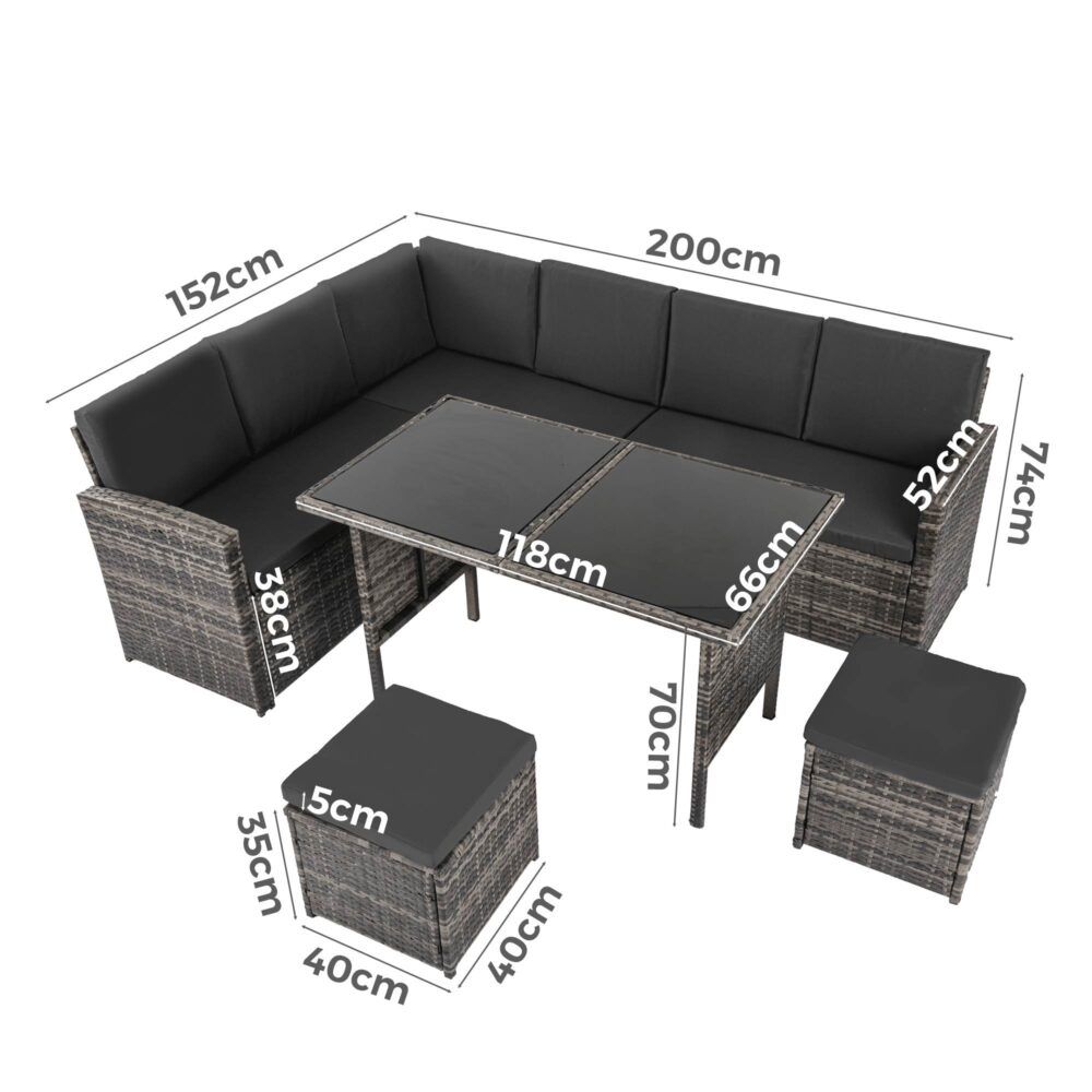 6 Piece Modular Outdoor Dining Lounge Set, Wicker Dark Grey, view 13
