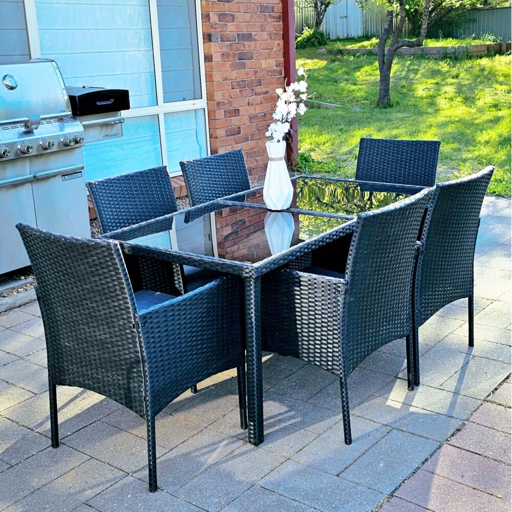 7 Piece Outdoor Dining Set, Wicker Black, view 3