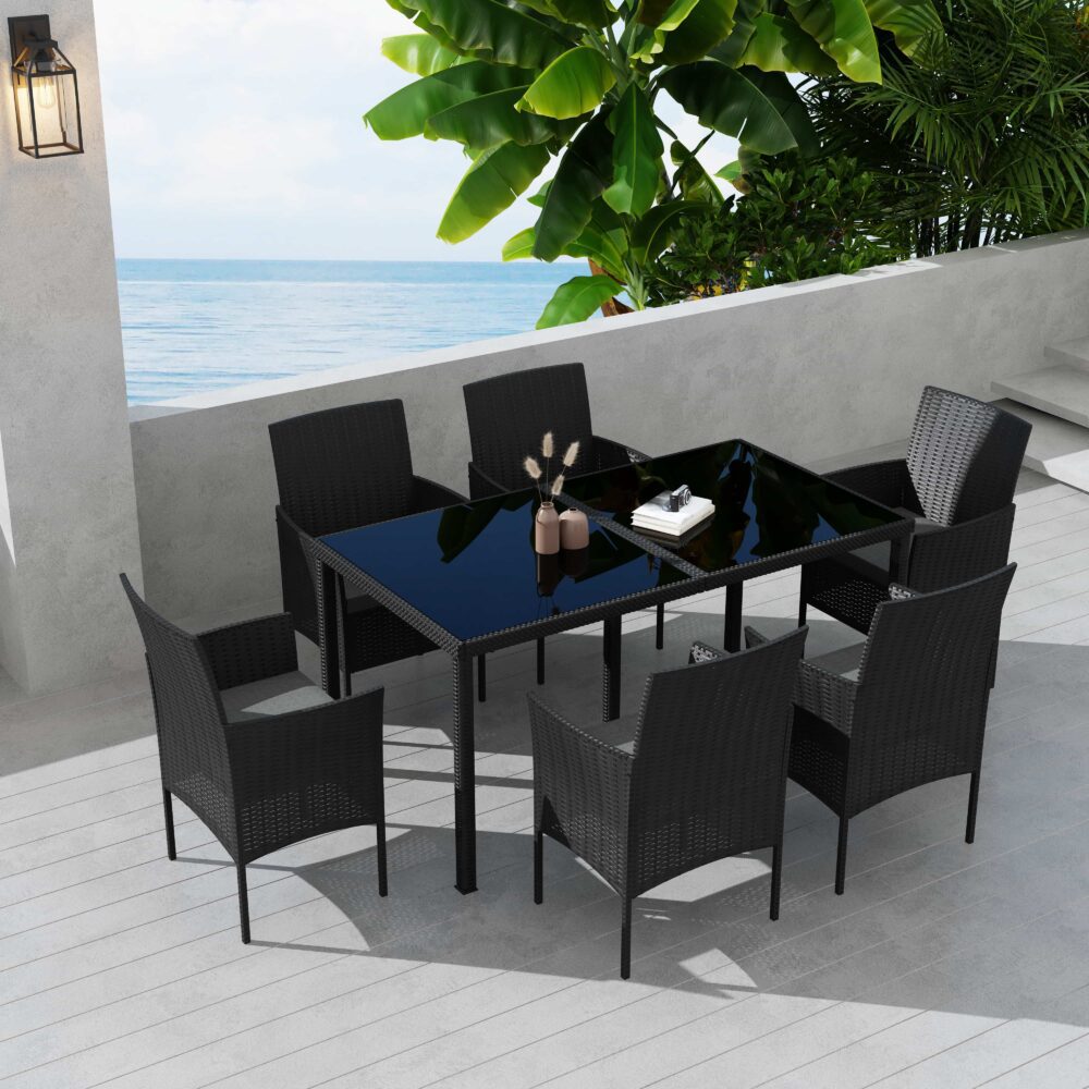 7 Piece Outdoor Dining Set, Wicker Black