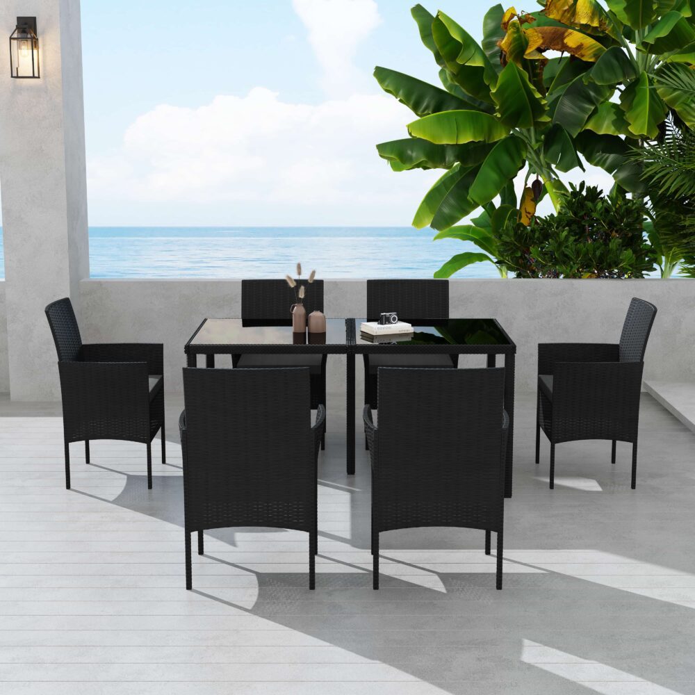 7 Piece Outdoor Dining Set, Wicker Black, view 2