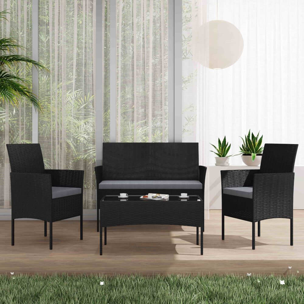Buddina 4 Piece Outdoor Lounge Set, Black Wicker