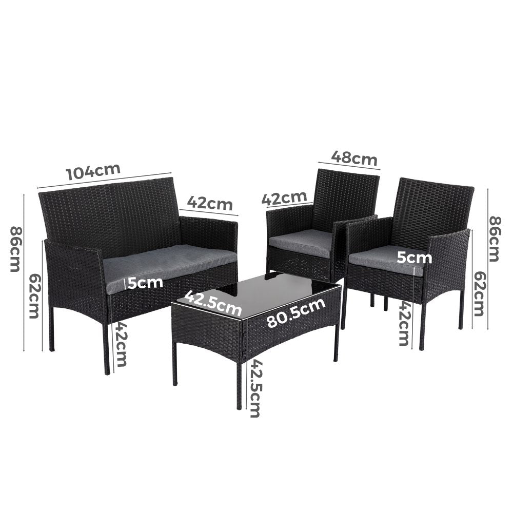 Buddina 4 Piece Outdoor Lounge Set, Black Wicker