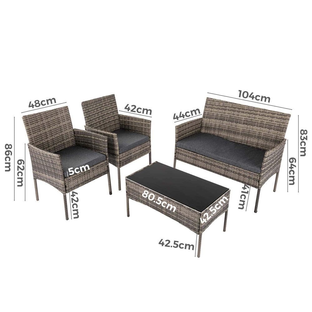 Buddina 4 Piece Outdoor Lounge Set, Grey Wicker