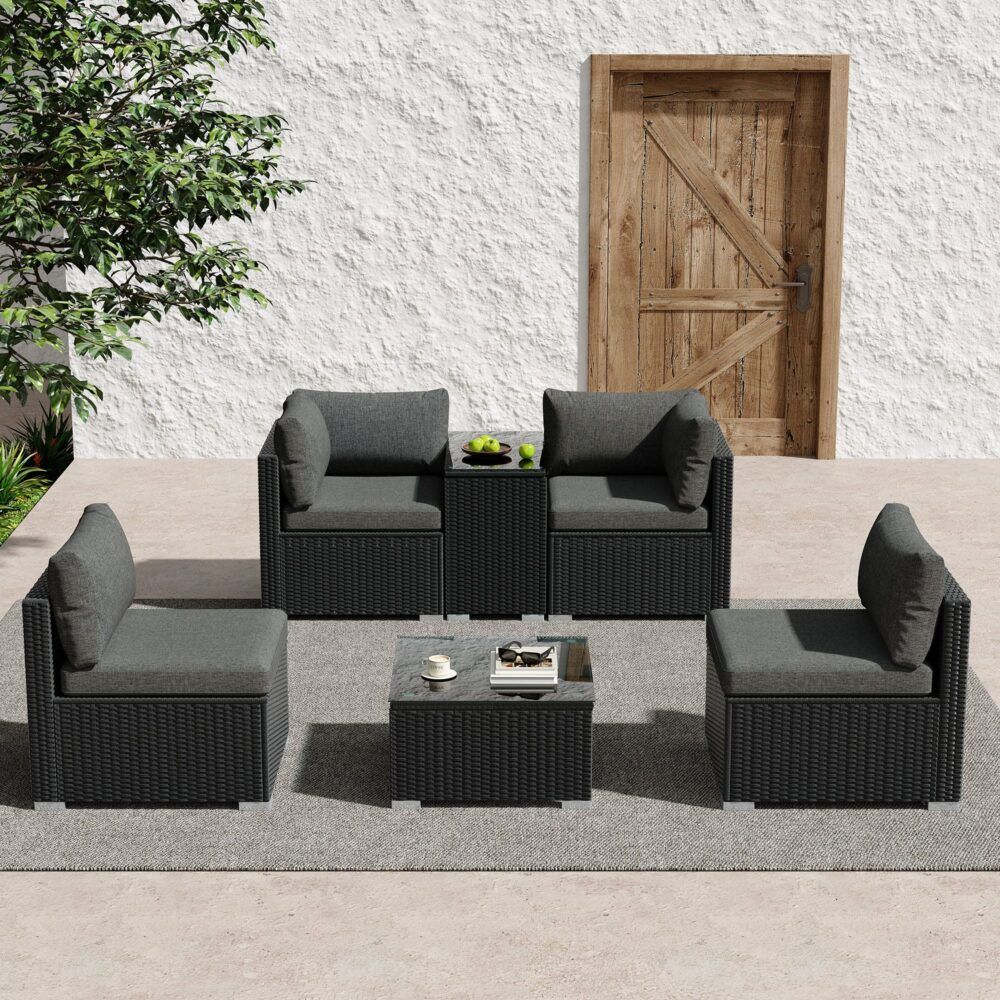 Mudjimba 6 Piece Outdoor Modular Lounge, Black Wicker