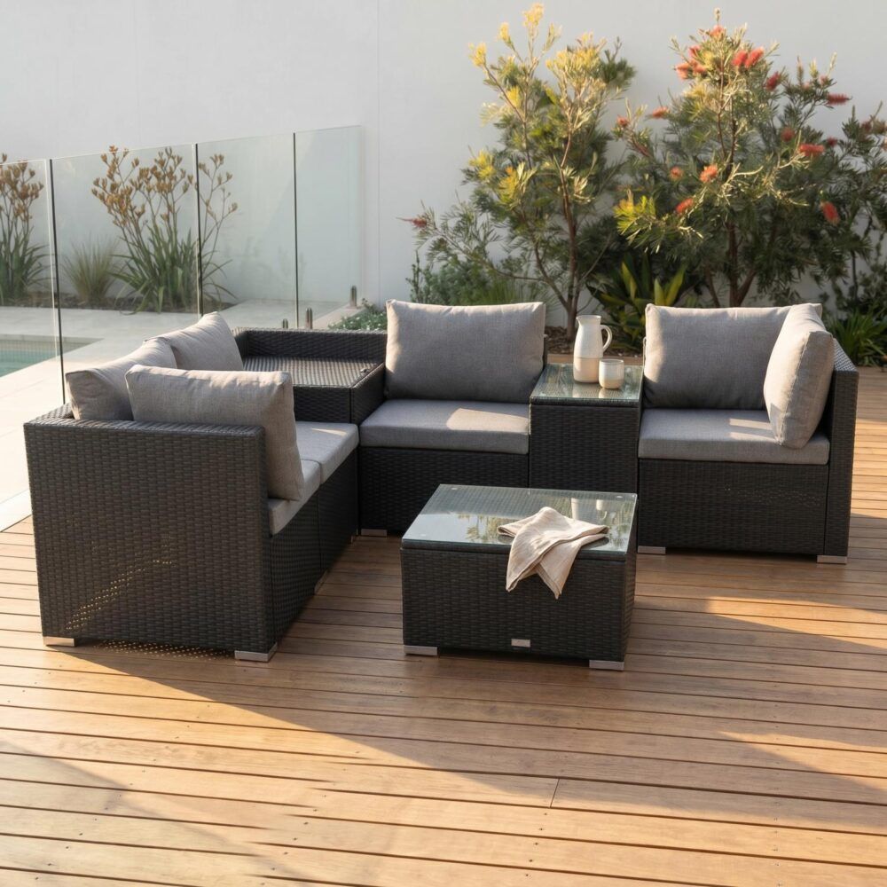 Mudjimba 7 Piece Outdoor Modular Lounge, Black Wicker
