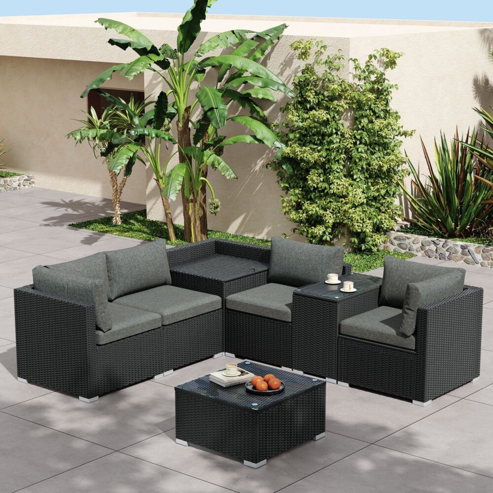 Mudjimba 7 Piece Outdoor Modular Lounge, Black Wicker