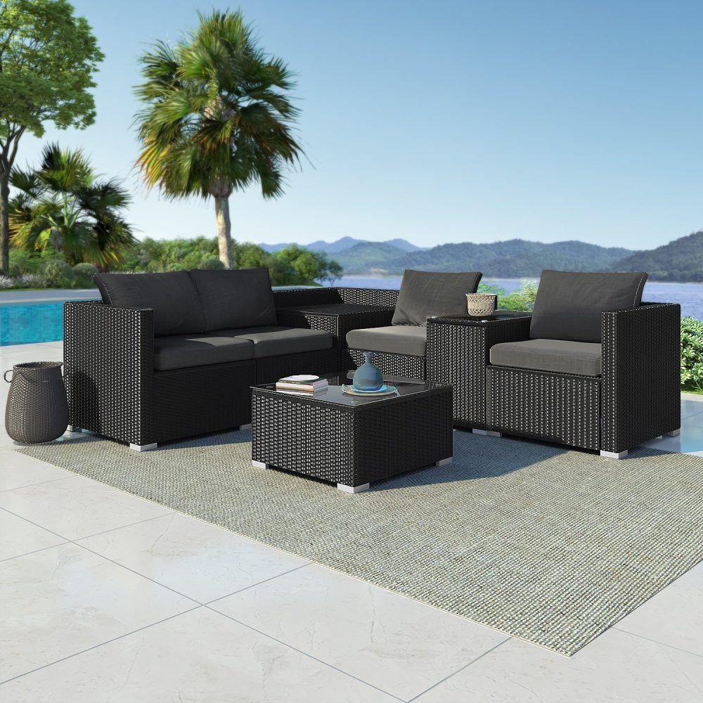 Mudjimba 7 Piece Outdoor Modular Lounge, Black Wicker