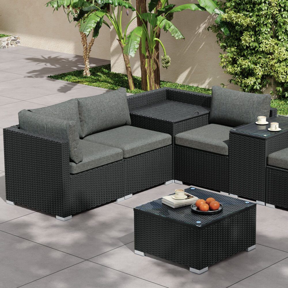 Mudjimba 7 Piece Outdoor Modular Lounge, Black Wicker
