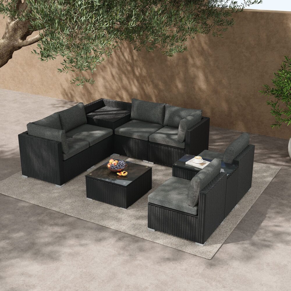 Mudjimba 9 Piece Outdoor Modular Lounge, Black Wicker