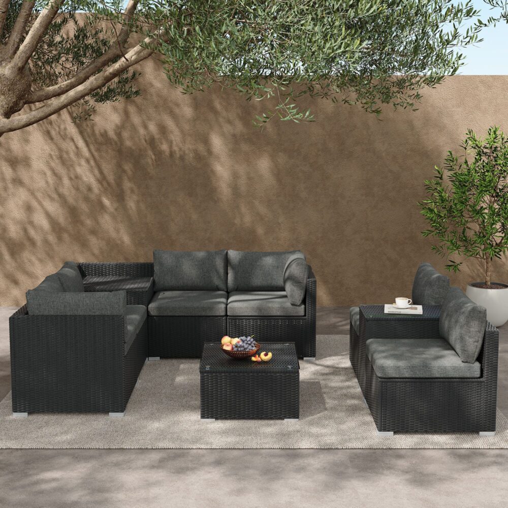 Mudjimba 9 Piece Outdoor Modular Lounge, Black Wicker