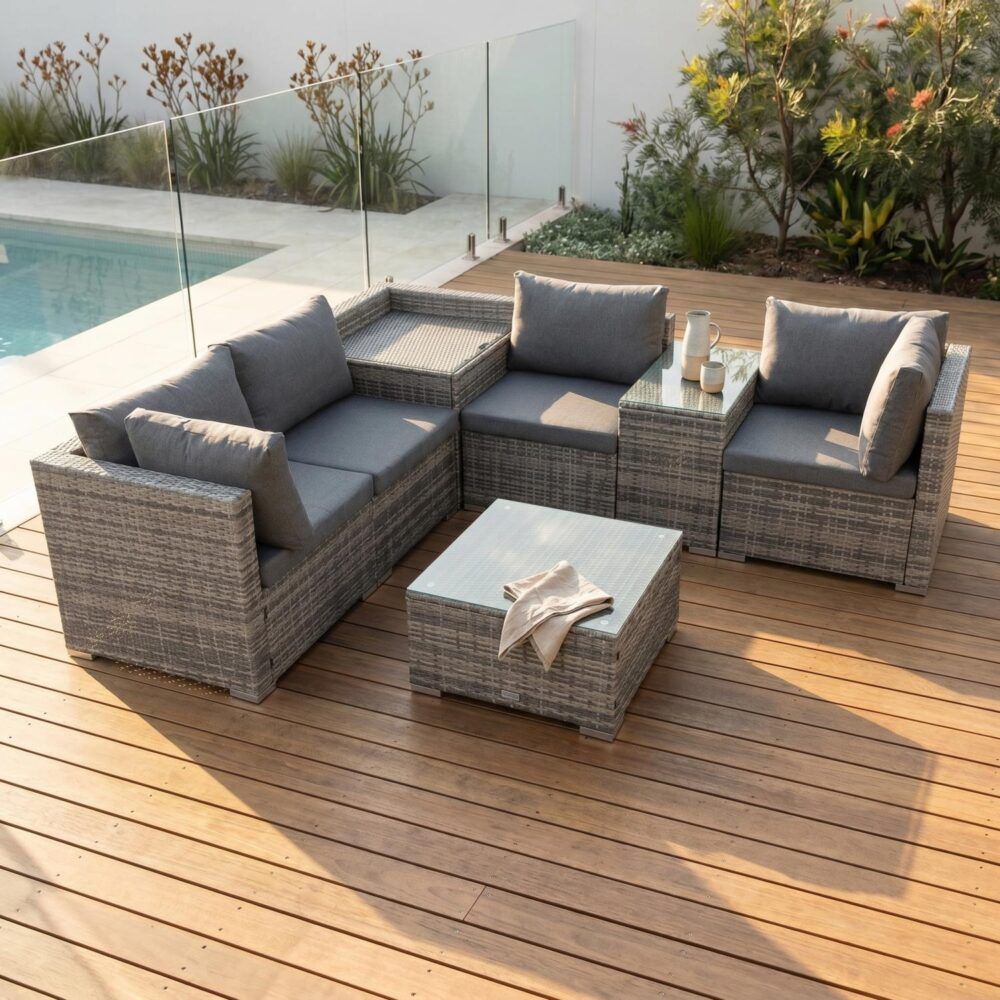 Mudjimba grey wicker outdoor lounge set on a sunny patio