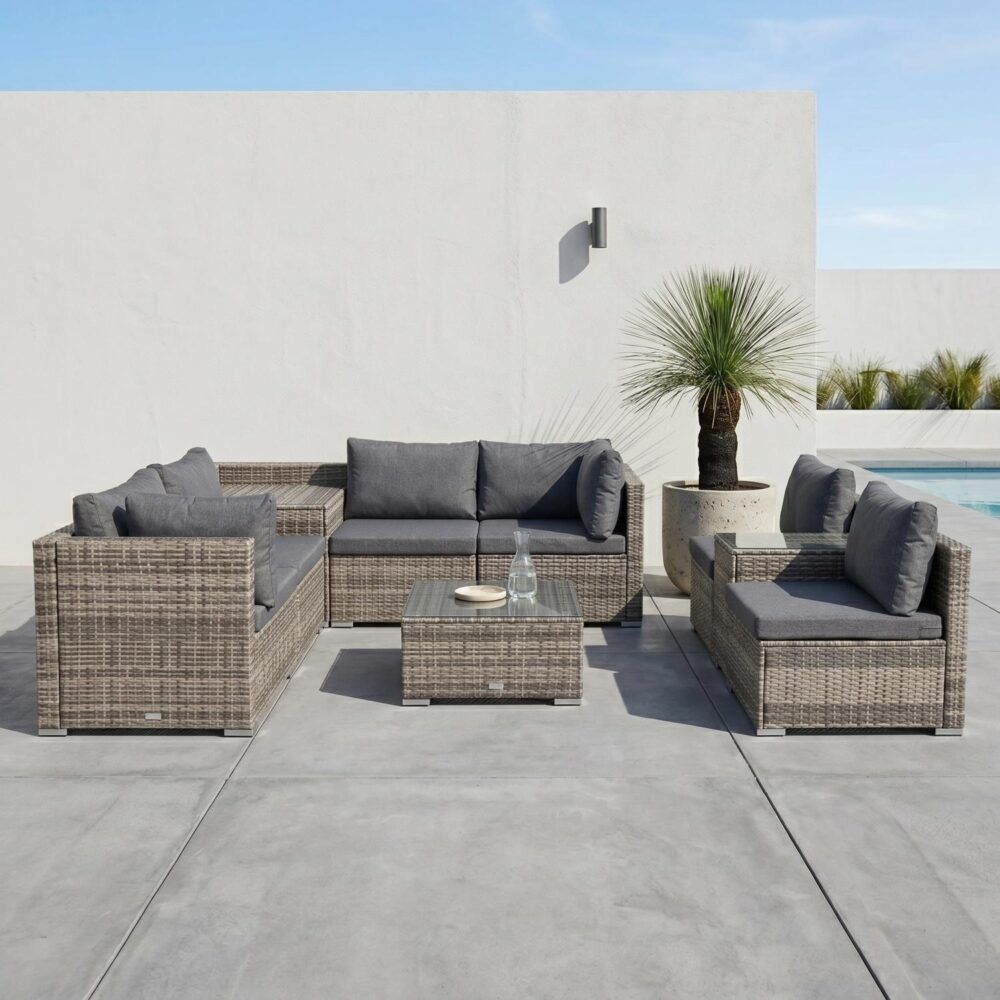 Mudjimba grey wicker outdoor lounge set on a sunny patio