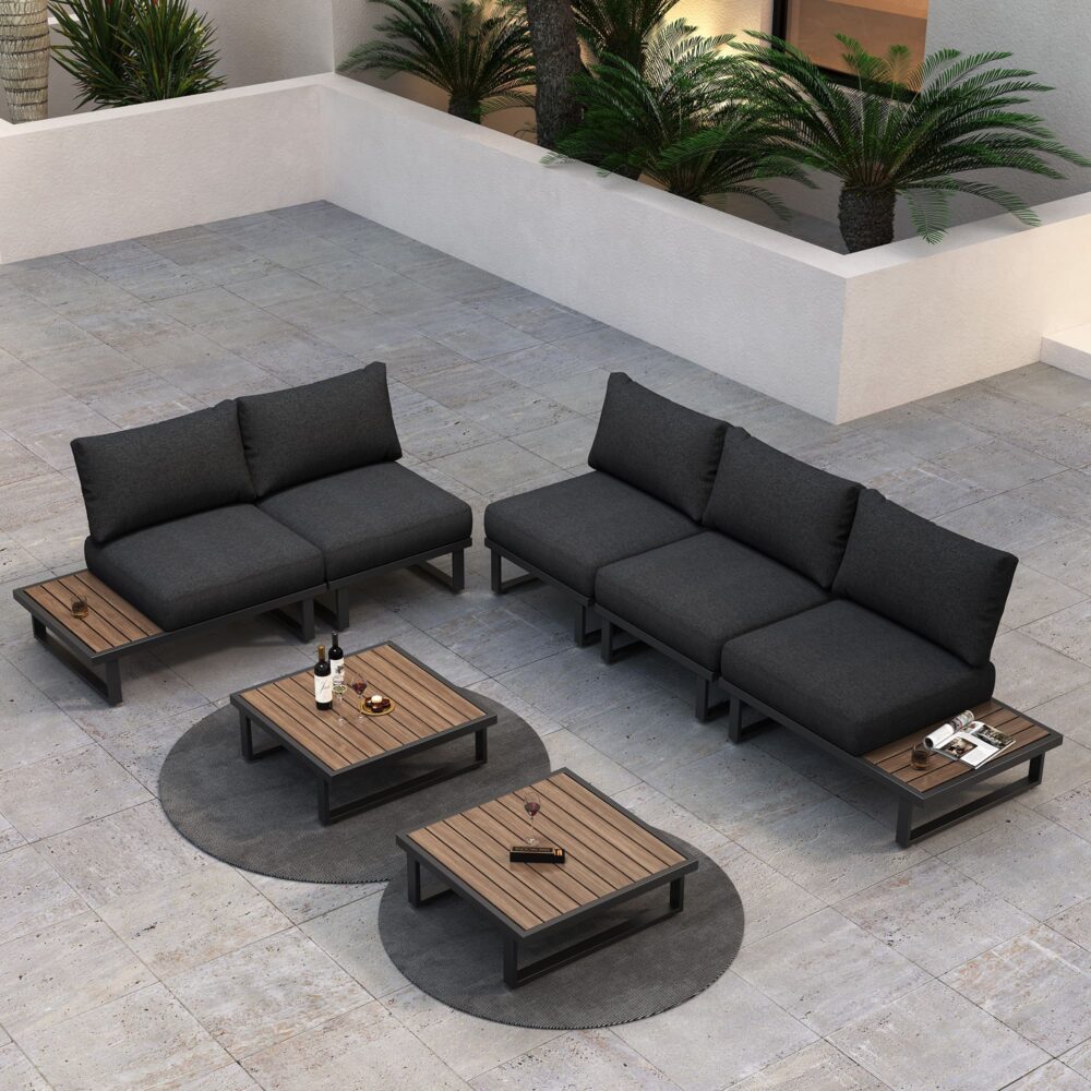Bokarina black aluminium outdoor lounge set on a sunny patio